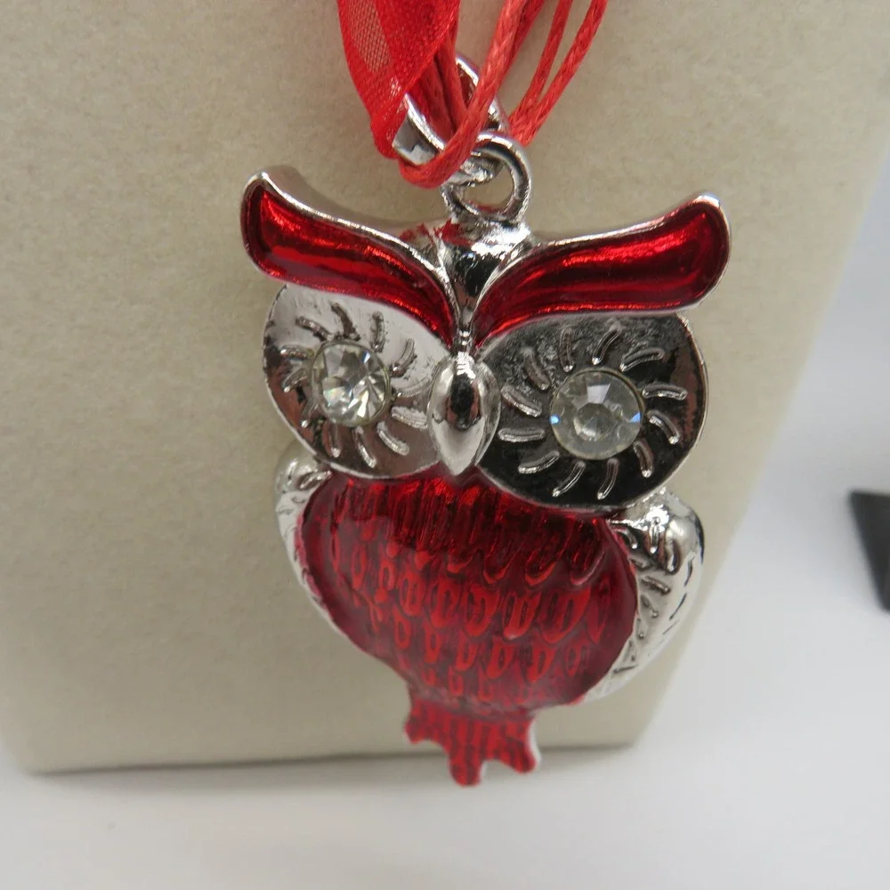 Red Owl Enamel Jewelry Set Necklace and Earrings Rhinestone Eyes 16 Inch